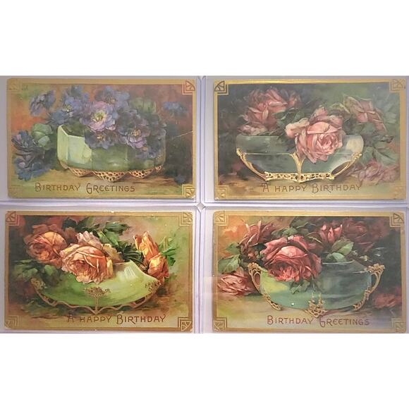 Lot Of Four Vintage Antique Embossed Postcards Flowers - Picture 1 of 9